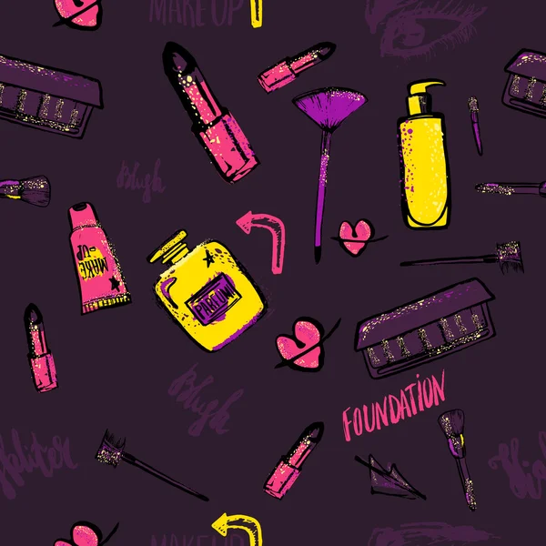Seamless Makeup pattern. Glamorous makeup pattern with nail polish and lipstick. Creative  design for card, web design background, book cover. — 스톡 벡터