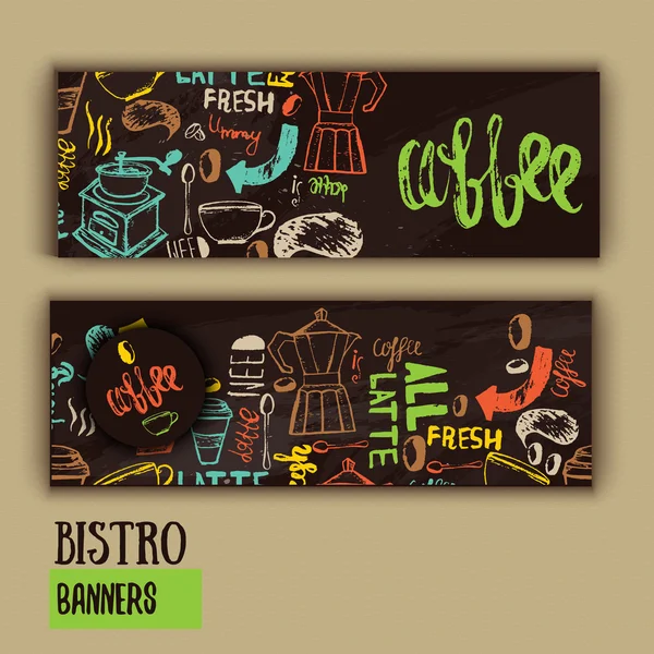 Desain templat banner kafe dengan huruf untuk kedai kopi. Desain menu kafe tangan yang digambar. Modern hipster berwarna-warni menu kafe. Ilustrasi vektor dari spanduk kafe . - Stok Vektor