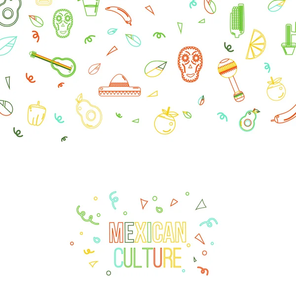 Budaya Meksiko banner elemen desain. Sombrero dan maracas, gitar meksiko, botol tequila, logo taco . - Stok Vektor
