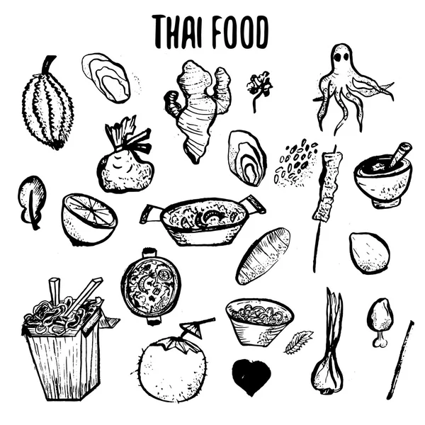Набор тайской еды рисовал грубые каракули. простые тайские наброски. Вектор изолирован на белом фоне для меню кафе, баннеров, досок — стоковый вектор