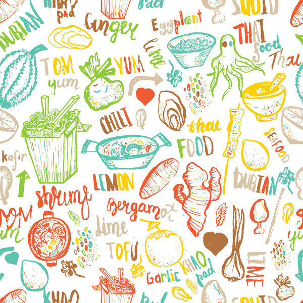 Thai food seamless hand drawn rough pattern. Thai sketches. Vector isolated on white background for cafe menu, banners, chalkboards