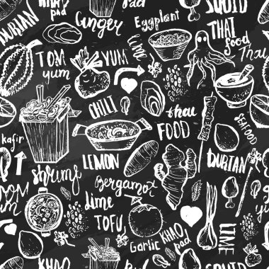 Tay gıda sorunsuz el çekilmiş kaba desen. Tay skeçler. Cafe menü, Banner, chalkboards için beyaz arka plan üzerinde izole vektör