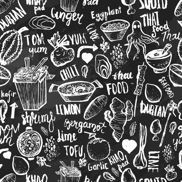 Thai food seamless hand drawn rough pattern. Thai sketches. Vector isolated on white background for cafe menu, banners, chalkboards — Stock Vector