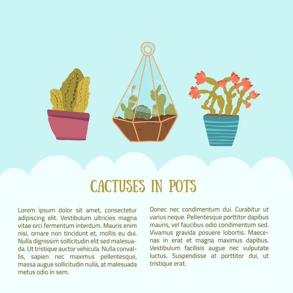 Diseño de tarjeta vectorial con cactus estilo dibujos animados en maceta. Suculentas y plantas en fila . — Vector de stock