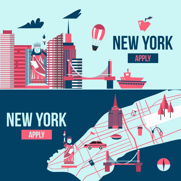 Bandiera di New York. Manhattan USA skyline silhouette cartone animato disegno vettoriale illustrazione . — Vettoriale Stock