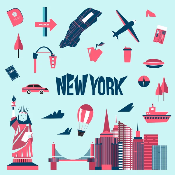 Icone di New York in stile cartone animato. Statua della libertà, mappa, paesaggio urbano, taxi. Design moderno della città di New York . — Vettoriale Stock