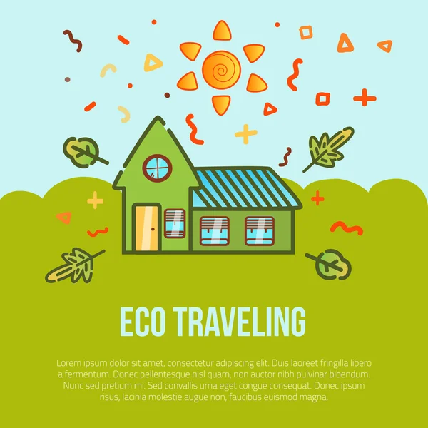 Concept de voyage écologique avec maison et feuilles. Cartoon style imagination particules de soleil pour bannières . — Image vectorielle