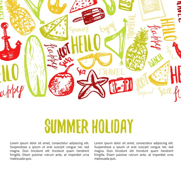 Summer beach hand drawn doodle vector symbols and objects with lettering. — Stock Vector