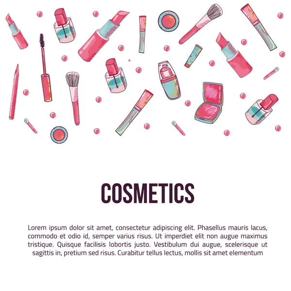 Banner de artículos cosméticos coloridos aislado sobre fondo blanco. Vista superior. Ilustración de maquillaje . — Vector de stock