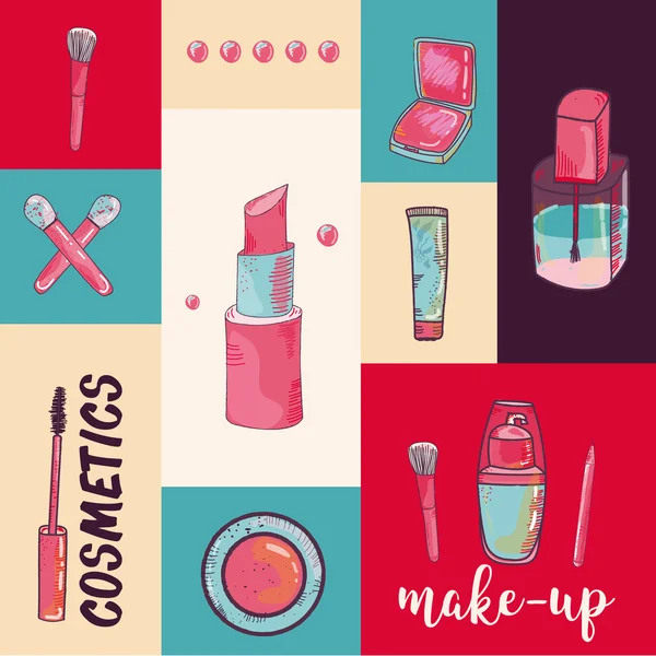 Colorful cosmetic items banner isolated on colorful background. Top view. Make-up illustration. — Stock Vector