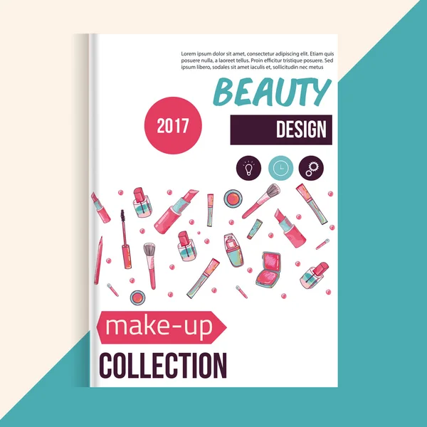 Conception de brochure de maquillage avec accessoires Bannières dessinées à la main articles de beauté . — Image vectorielle