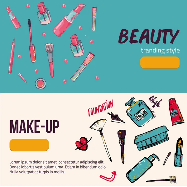 Renkli kozmetik trendy ürünler afiş arka plan daire üzerinde izole. Üstten Görünüm. Kalıcı makyaj illüstrasyon. — Stok Vektör