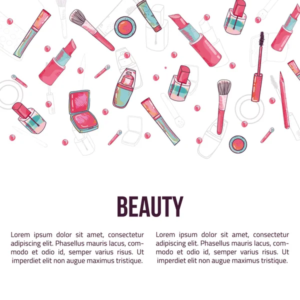 Make-up banner s štětec, rtěnky, řasenky, oční stíny a lip gloss na bílém pozadí pro salóny krásy. — Stockový vektor