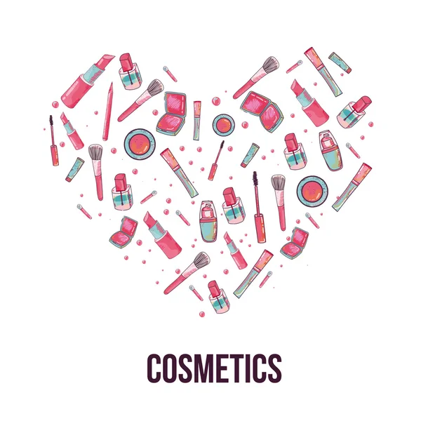 Banner de artículos cosméticos coloridos aislado sobre fondo blanco en forma de corazón. Vista superior. Ilustración de maquillaje . — Vector de stock