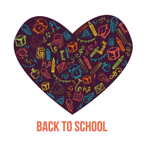 Powrót do szkoły banner w kształcie serca na białym tle z elementami Doodle. Ilustracja wektorowa może być używana do kart okolicznościowych, ubrań. — Wektor stockowy