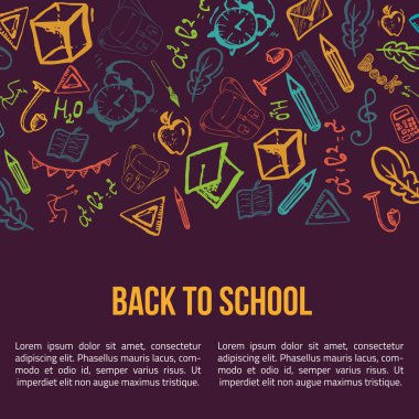 Karalama öğeleriyle karanlık arka planda izole edilmiş Okul afişine geri dön. Vektör illüstrasyon tebrik kartları, giysi için kullanılabilir.