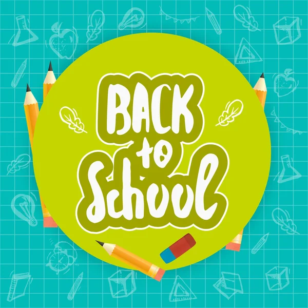 Back to School lettering hand drawn banner design. Colorful poster isolated on doodle background with apple, book, pencil. — Stock Vector