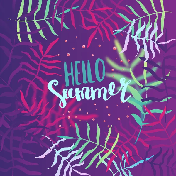 Summer hello poster, banner with tropical leaves. Vector summer illustration. — Stock Vector