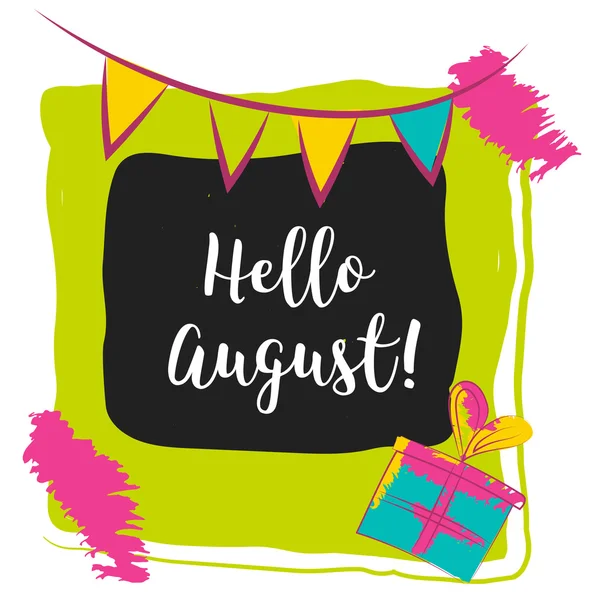 Hello August. Hand drawn design isolated on colorful background. Concept image poster for wall art prints, mock up, home interior card — Stock Vector