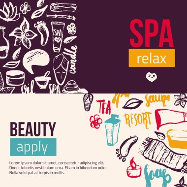 Sağlık Spa banner şablon elle çizilmiş yazı ve doodle elemanları. Tebrik kartları, broşür, desenler için kullanılabilir.