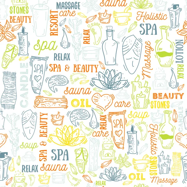 Elementos de spa fundo sem costura com tipografia, ilustração vetorial. Cosméticos naturais com garrafas, velas, creme, pedras — Vetor de Stock