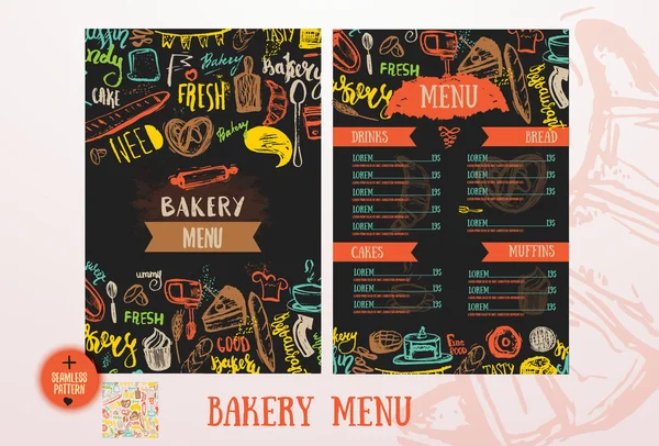 Bakkerij Cafe menu ontwerpsjabloon. Vintage handgetekende bakken schets met belettering met brood, thee, cake en muffins. — Stockvector