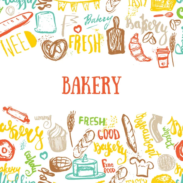 Bakery banner on pattern with lettering on wooden background. Hand drawn vector illustration for menus, banners, recipes and packages. — Stock Vector