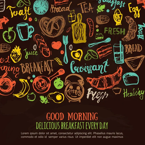 Set de desayuno dibujado a mano con coloridos elementos divertidos de comida y letras. Se puede utilizar para menú, banner, fondo y encabezado del sitio. Ilustración vectorial en la pizarra oscura . — Vector de stock