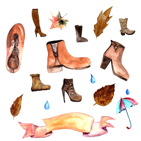 Colección de zapatos de otoño vector de acuarela que incluye nubes con gotas de lluvia, paraguas, bufanda, hoja, taza de té, libro y botas de goma. icono, bandera — Vector de stock