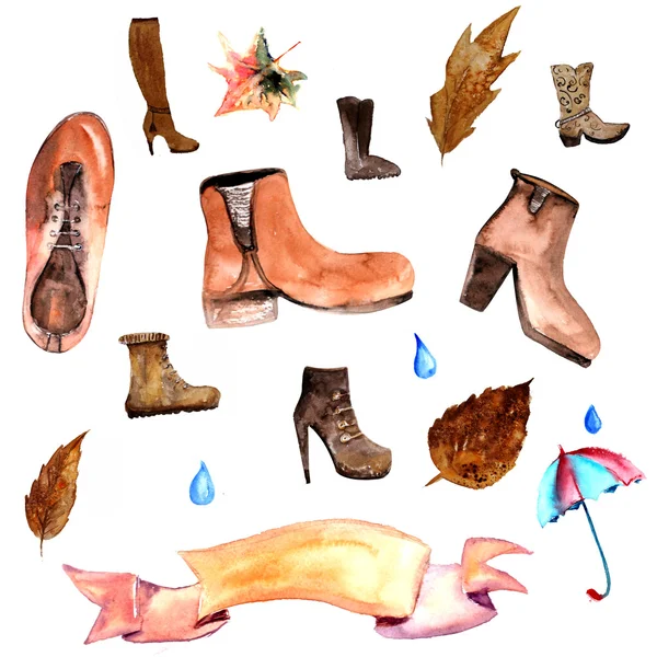 Colección de zapatos de otoño acuarela incluyendo nube con gotas de lluvia, paraguas, bufanda, hoja, taza de té, libro y botas de goma. Icono de otoño, banner, logotipo — Foto de Stock