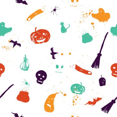 Cadılar Bayramı Balkabağı, yarasa ve kafatası ile seamless modeli. Beyaz arka plan üzerinde. Kağıt, afiş, tekstil, tebrik kartları ve parti davetiyeleri sarma için kullanılabilir.