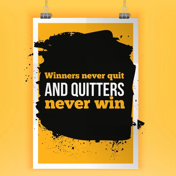Gewinner geben nie auf und Aufhörer gewinnen nie. Inspirierend motivierendes Zitat-Poster für Wand. DIN-A4-Format leicht zu bearbeiten — Stockvektor