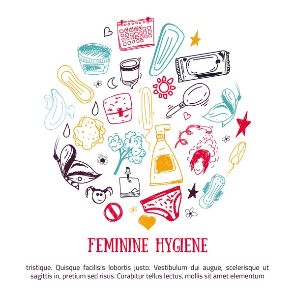 Desenho Design de banner de higiene feminina em forma de círculo com tampão, copo menstrual, sabão, guardanapo sanitário. Ilustração moderna do vetor da linha preta para materiais promo, projeto do pacote . — Vetor de Stock