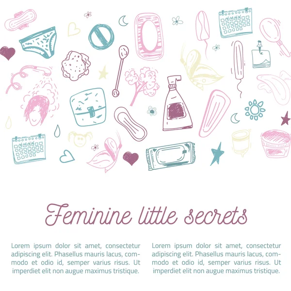 Desenho Design de banner de higiene feminina com tampão, copo menstrual, sabão, guardanapo sanitário. Ilustração moderna do vetor da linha preta para materiais promo, projeto do pacote . —  Vetores de Stock