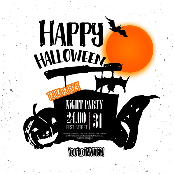 Vector Night Halloween Poster invitation avec lune, citrouille et chauve-souris. Illustration dessinée main . — Image vectorielle