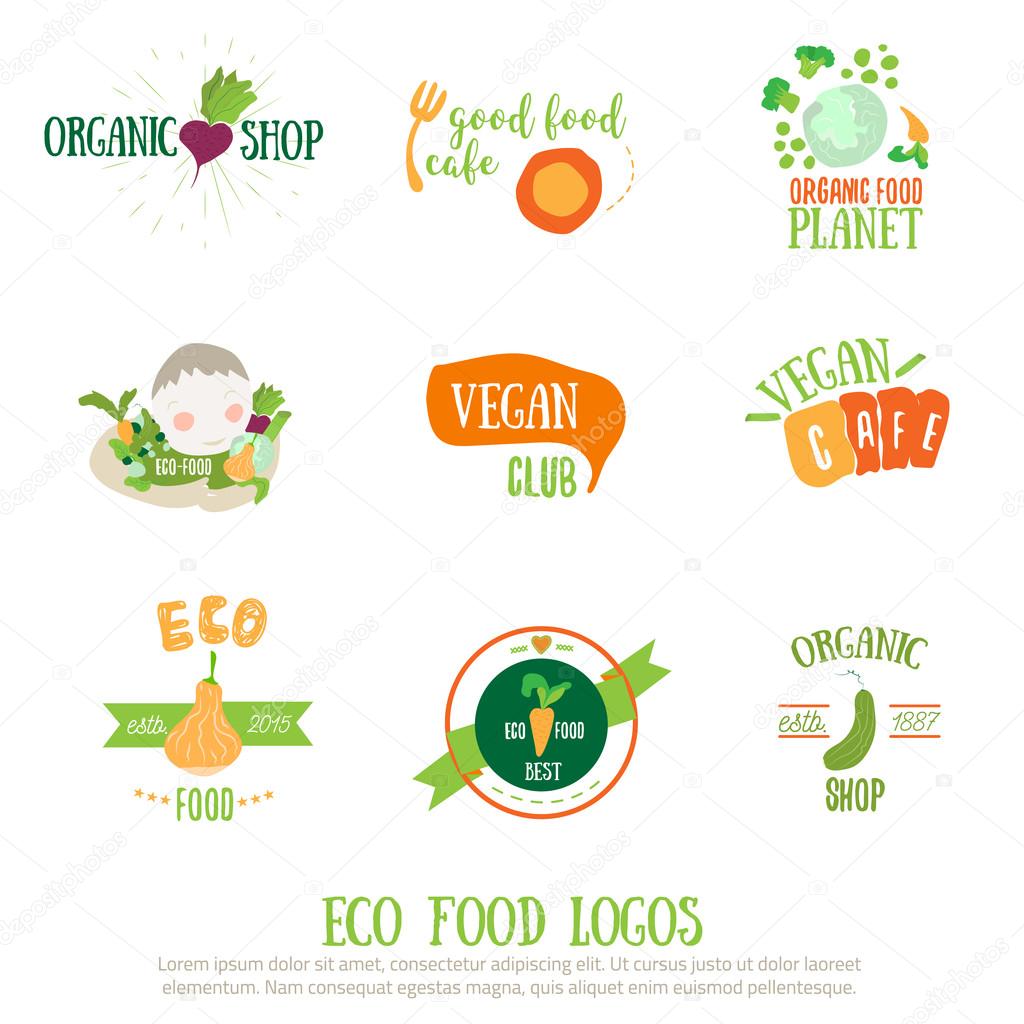Vegan Cafe Logo Elements On White Background Vegetarian Menu