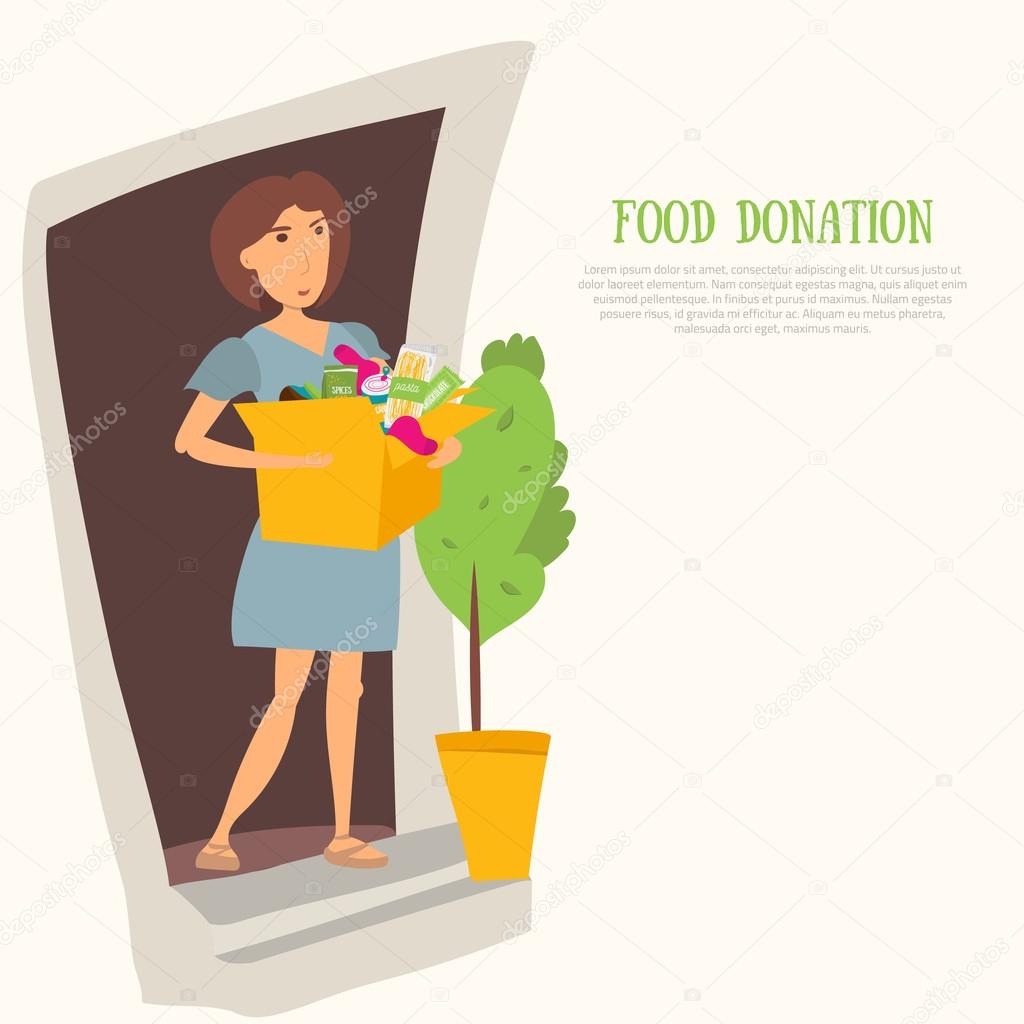 Woman Volunteer with food donation and clothes. Most needed items for  banks vector infographics  caned meat, socks, chockolate, .