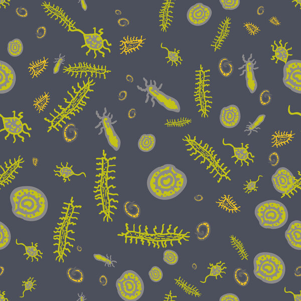 Vector Bacterium  hand-drawn seamless pattern on dark background