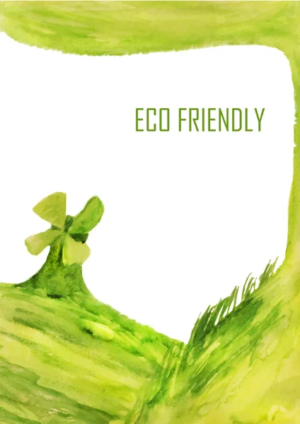 Disegno poster ad acquerello verde vettoriale con mulino e albero EPS10 — Vettoriale Stock