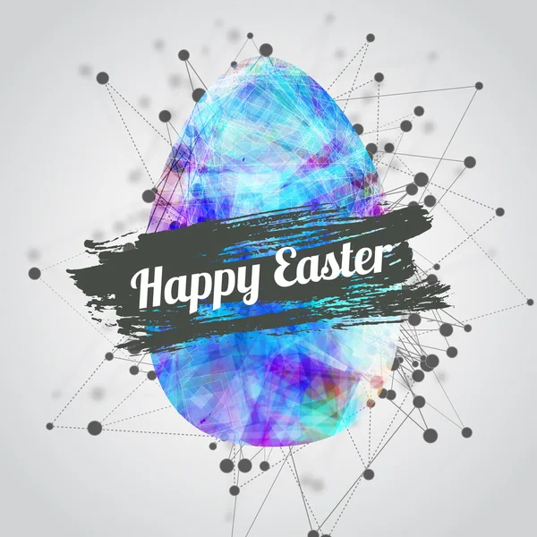 Vector moderno diseño feliz tarjeta de Pascua con huevos brillantes y salpicaduras de acuarela con letras. Estilo tecnológico. EPS10 — Vector de stock