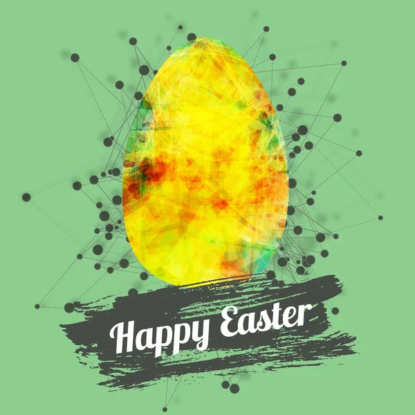 Vetor moderno design de cartão de Páscoa feliz com ovos brilhantes e respingo de aquarela com letras. Estilo tecnológico. EPS10 — Vetor de Stock