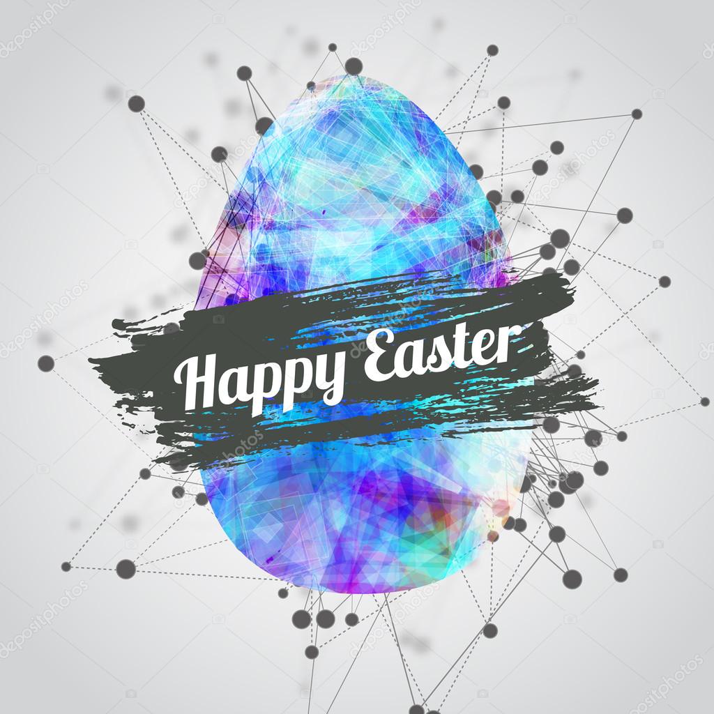 Vector modern happy easter card design with bright eggs and watercolor splash with lettering. Technological style. EPS10