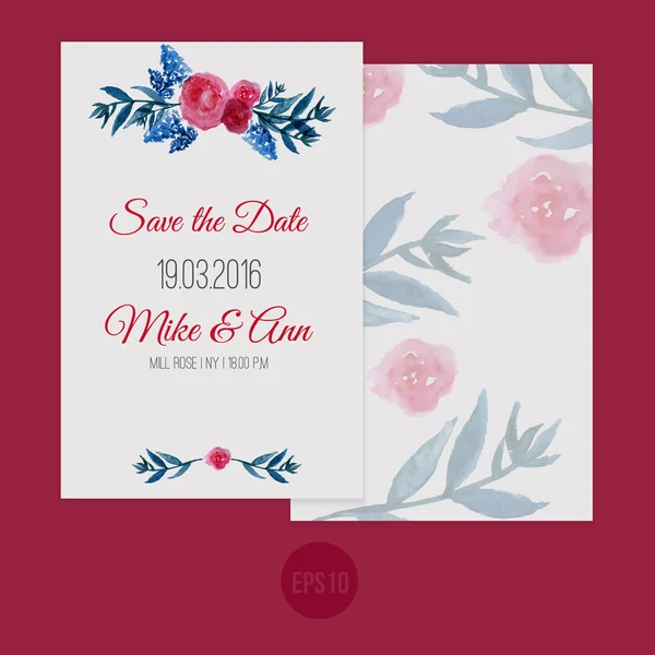 Modelo de aquarela vetorial salvar a data com moldura floral, folhas. Design vetorial artístico para banners, cartões de felicitações, vendas, cartazes . — Vetor de Stock