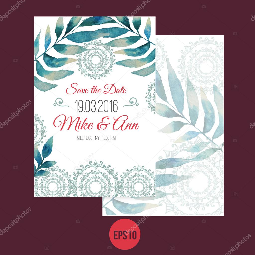 Vector watercolor template save the date with ornament, leaves. Artistic vector design for banners, greeting cards,sales, posters 