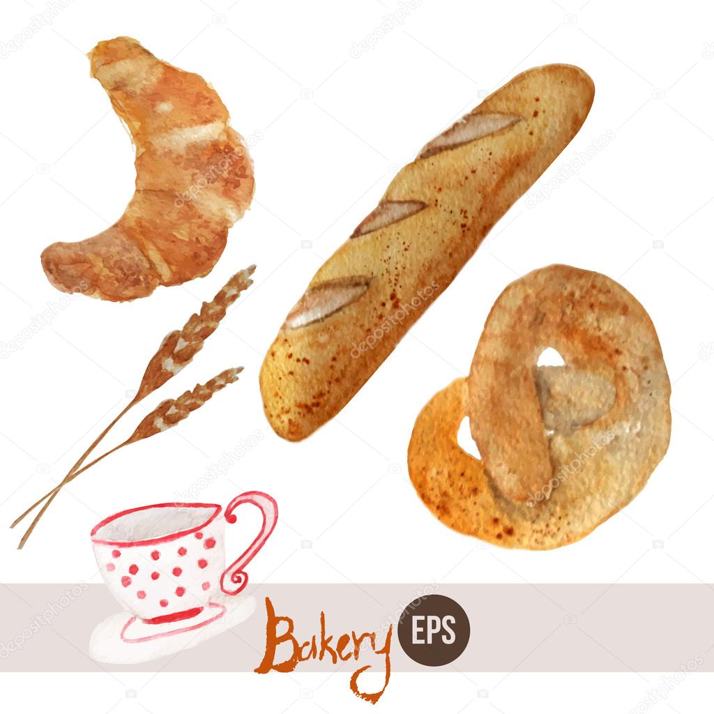 Vector watercolor hand drawn bakery set with croissant, loaf, wheat, baguette, pretzel and cup. EPS10