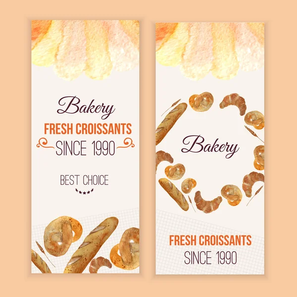 Vector watercolor hand drawn bakery set of banners with croissant, loaf, wheat, baguette, pretzel. EPS10 — Stock Vector