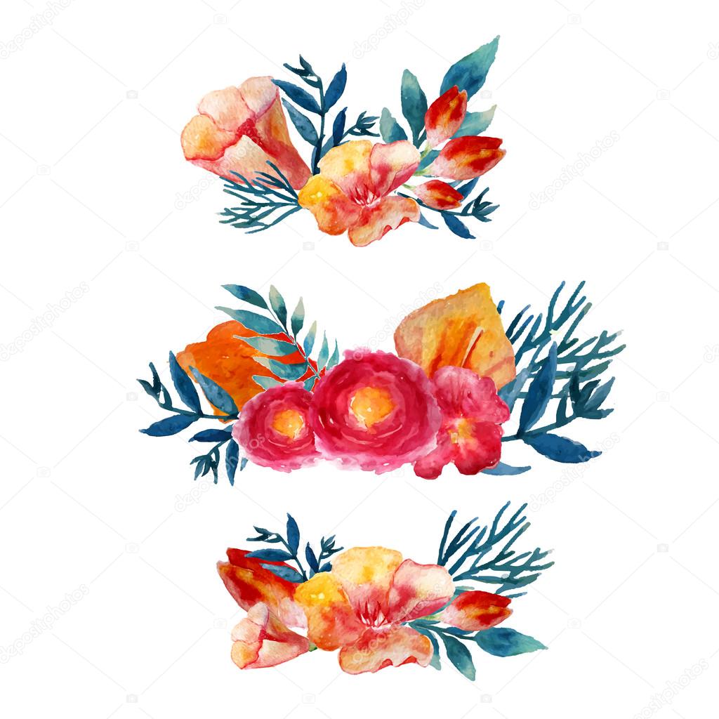Vector watercolor floral wreath set with vintage leaves and flowers. Artistic vector design for banners, greeting cards,sales, posters.
