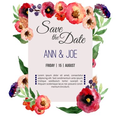 Vector watercolor template save the date with floral frame, leaves. Artistic vector design for banners, greeting cards,sales, posters.