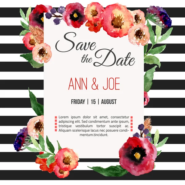 Vector watercolor template save the date with floral frame, leaves. Artistic vector design for banners, greeting cards,sales, posters. — Stock Vector
