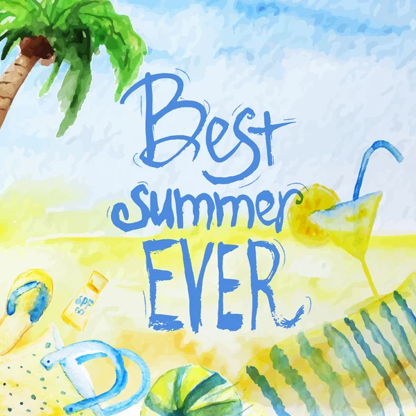 Vector watercolor summer poster with lettering on beach background. EPS10 — Stock Vector